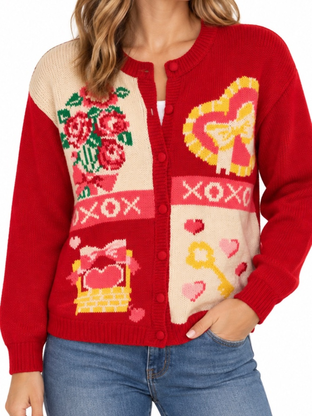 Vintage Alexandra Bartlett Valentine Cardigan XL Hearts Roses XOX